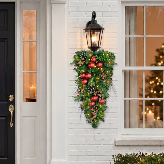 Puleo International 28" Pre-Lit Ornaments, Pinecones & Red Berries Artificial Teardrop Swag